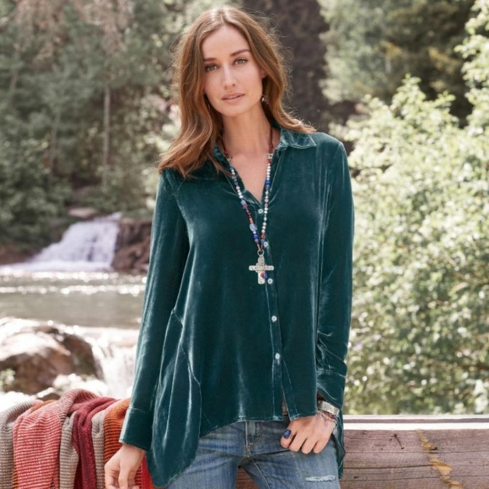 Sundance Teal Velvet Dream Button Down Ruffle Side Silk Blend Top Size M